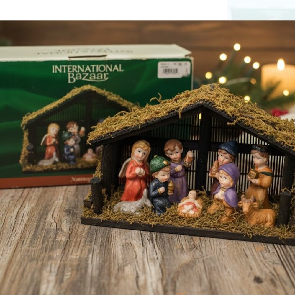 International Bazaar Porcelain Nativity Children Creche Christmas Set